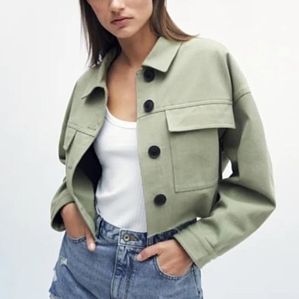 Zara Olive Green Cropped Utility Trucker Jacket Size XS
